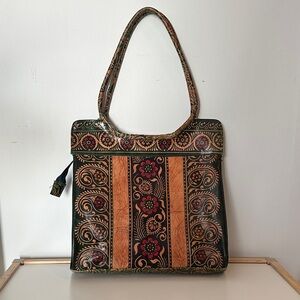 Indian Leather Patterned Floral Tote Bag in Dark Green and Tan